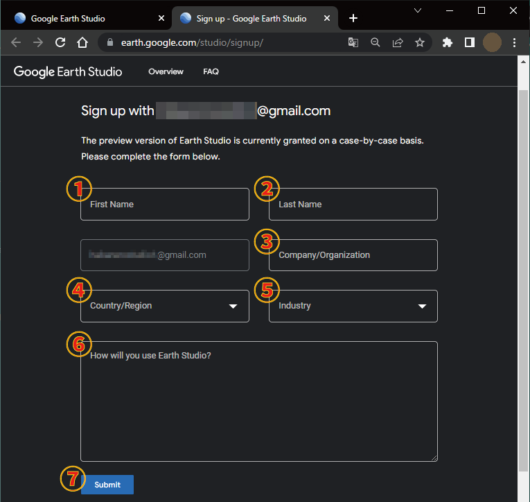 Google Earth Studio 申請画面