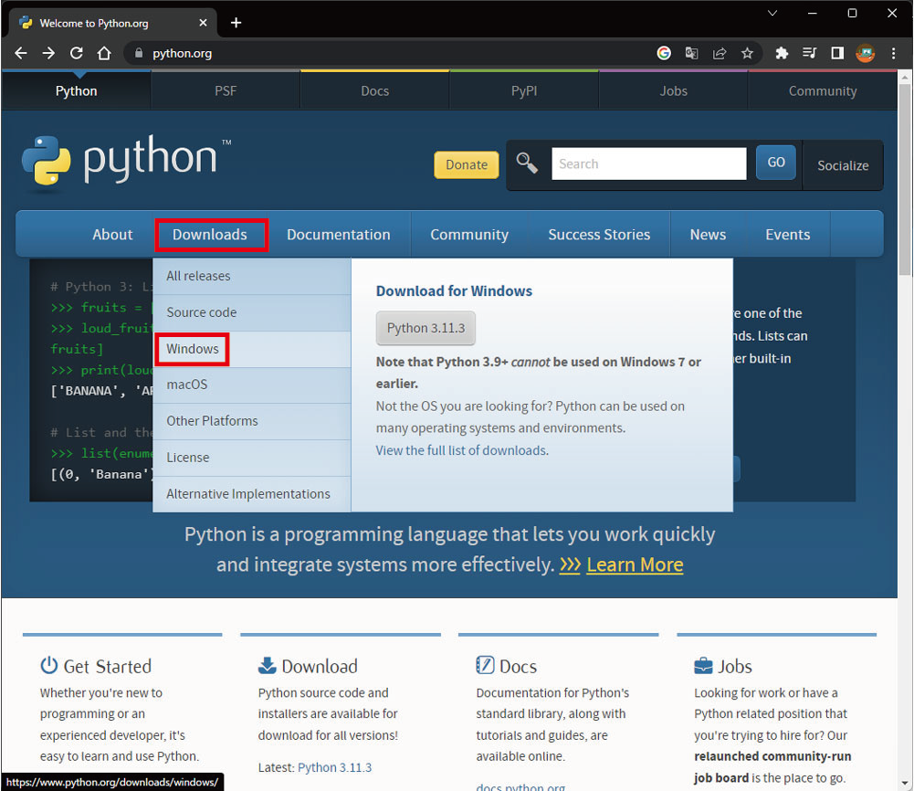 python公式サイトのトップページ