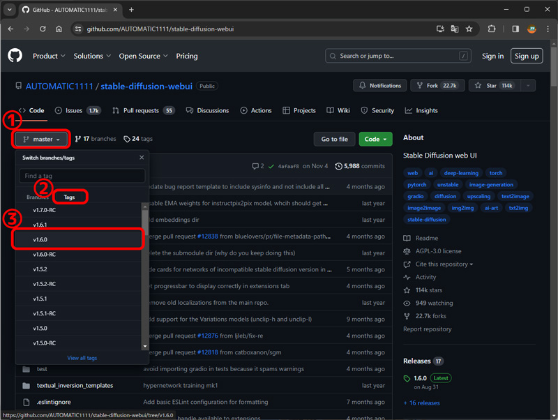 Stable Diffusion WebUIをダウングレード する ：図3 Githubからcommit hashをコピーする（バージョン選択）