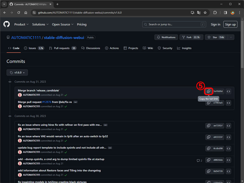 Stable Diffusion WebUIをダウングレード する ：図5 Githubからcommit hashをコピーする（commit hashをコピー）