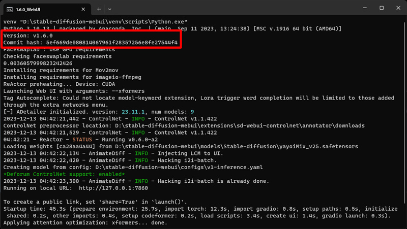 Stable Diffusion WebUIをダウングレード する ：図2 バージョンとCommit Hash（コマンドプロンプト画面の場合）