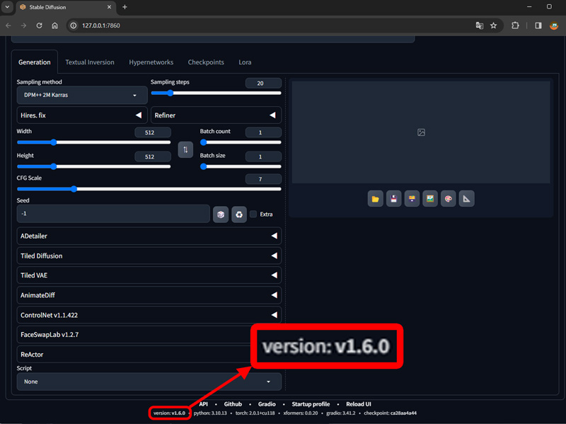 Stable Diffusion WebUIをダウングレード する ：図8 ダウングレードしたバージョンの確認（WebUI画面）